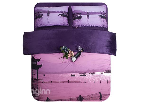 Purple Sunset And Sea Print 4 Piece Coral Fleece Duvet Cover Sets