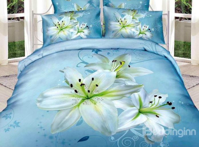 New Arrival High Quality 100 Cotton Light Blue Lily 4 Piece